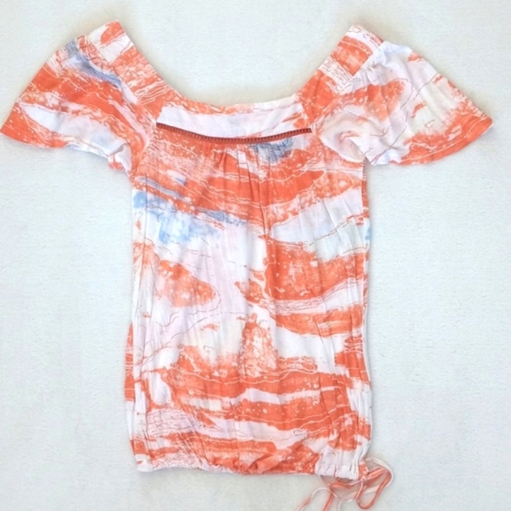 Kimchi & Blue Women’s Orange White & Sky Blue Rayon Cap Sleeve Tye Dye Blouse XS